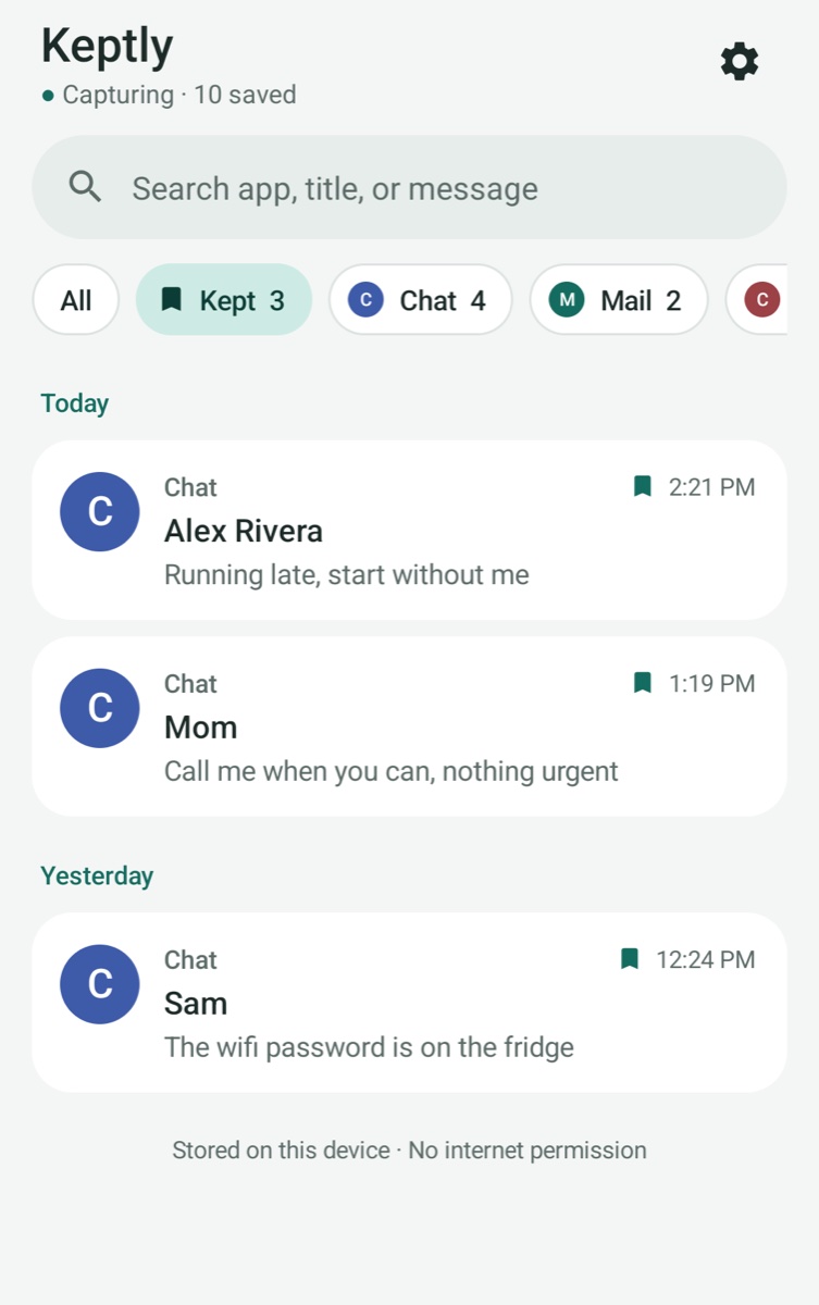 Kept filter showing only kept notifications