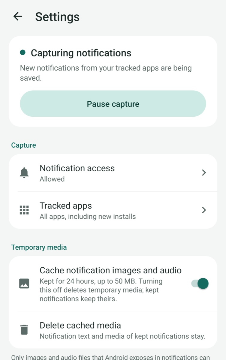 Settings: capture status, tracked apps and media options